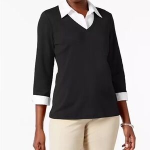 Karen Scott Layered-Look Top | Black & White | 3/4 Sleeve | Work Casual